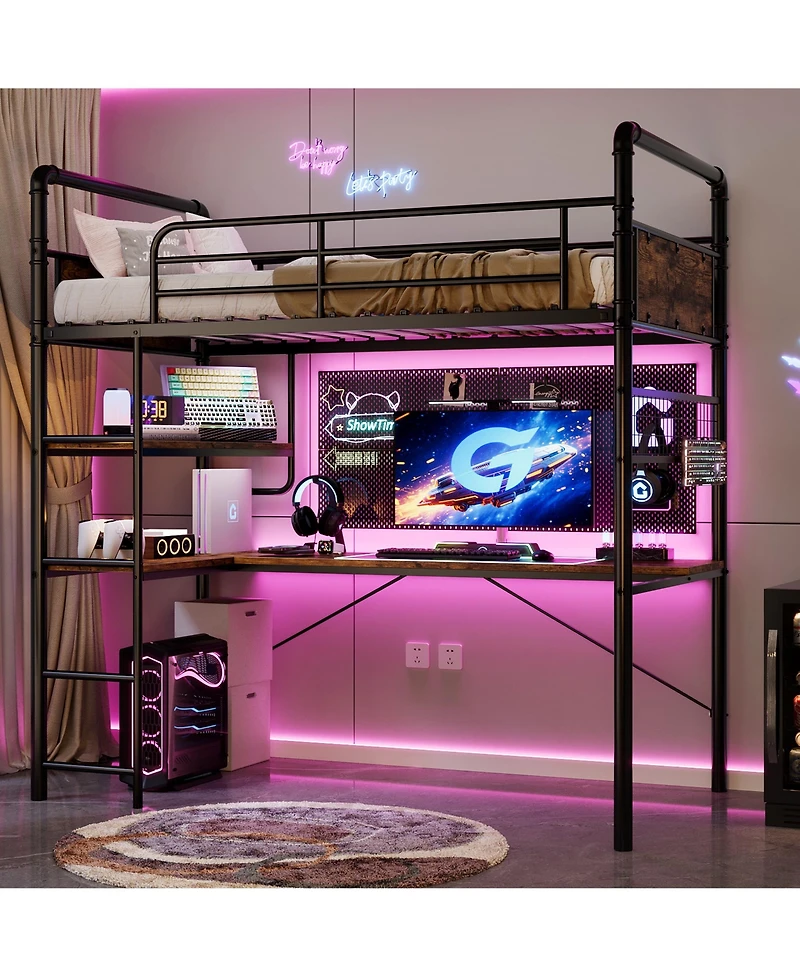 homfan Heavy Duty Twin Metal Loft Bed with L-Shaped Desk, 2 Storage Shelves and Decorative Mesh