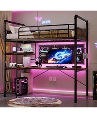 homfan Heavy Duty Twin Metal Loft Bed with L-Shaped Desk, 2 Storage Shelves and Decorative Mesh