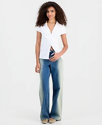 Madden Girl Juniors' Ruched Cap-Sleeve Button-Front Shirt