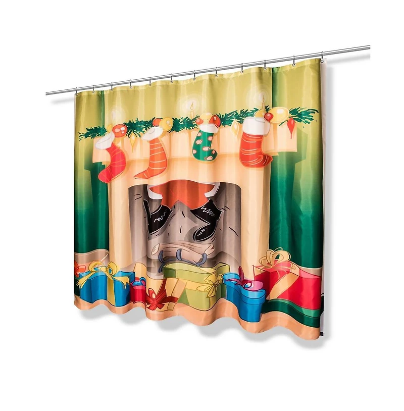 Carnation Home Fashions Festive Fireplace Christmas Fabric Shower Curtain