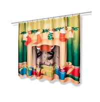 Carnation Home Fashions Festive Fireplace Christmas Fabric Shower Curtain