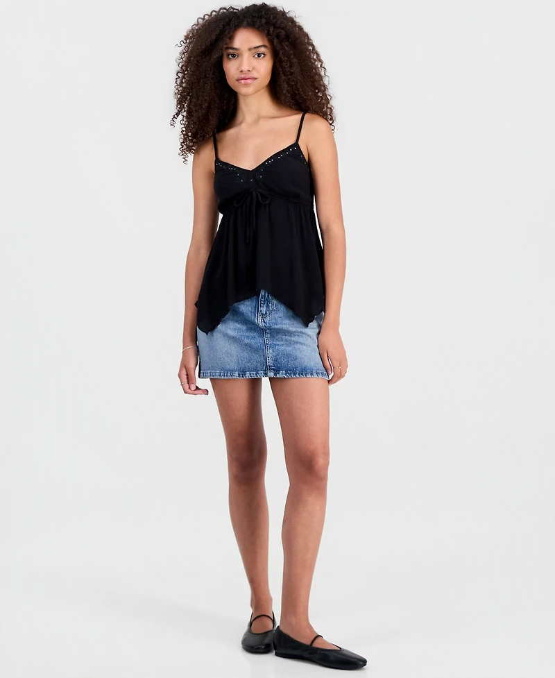 Madden Girl Juniors' Embroidered Handkerchief-Hem Sleeveless Top