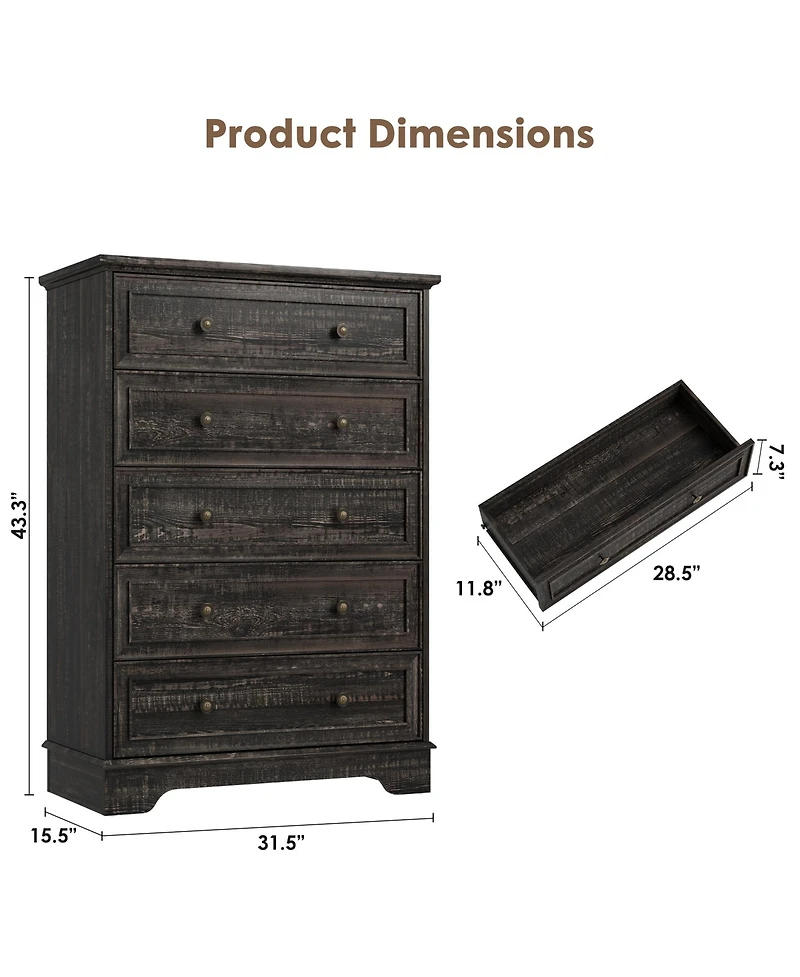 gaomon 5 Drawer Dresser for Bedroom - Vertical Chest of Drawers, Farmhouse Tall Cabinet Organizer Living Room, Hallway