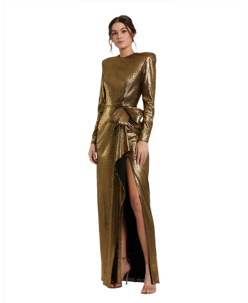 Mac Duggal Petite Women's Metallic Long Sleeve Gown With Bow