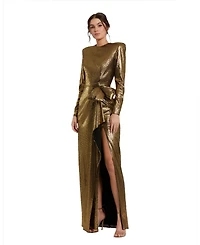 Mac Duggal Petite Women's Metallic Long Sleeve Gown With Bow