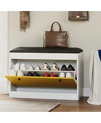homfan Shoe Storage Bench, Shoe Organizer Bench with Flip Drawer and Pu Cushion, Modern Entryway Shoe Cabinet for Hallway, Bedroom, Living Room