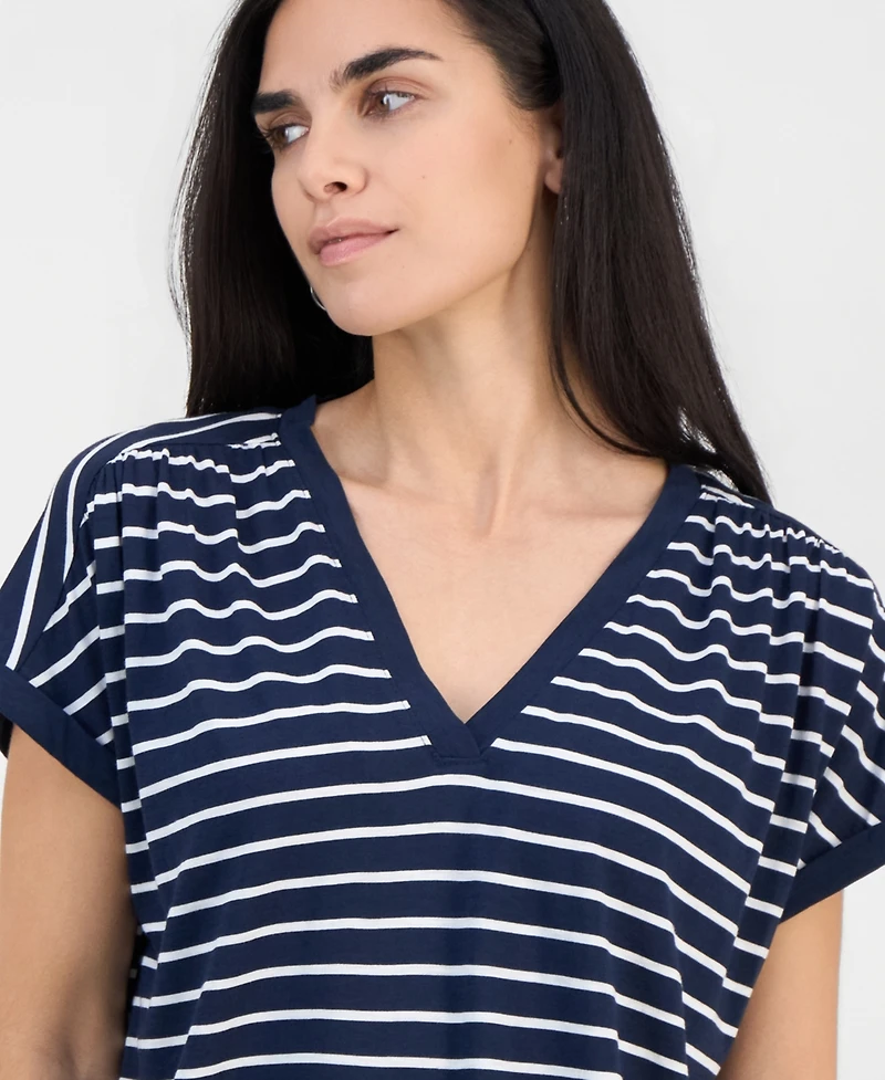 Style & Co Petite Striped Ruched-Side V-Neck Top, Macy's Exclusive