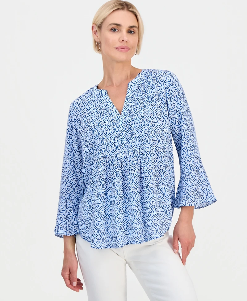 Style & Co Petite Printed Pintuck Bell-Sleeve Top, Macy's Exclusive