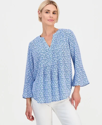 Style & Co Petite Printed Pintuck Bell-Sleeve Top, Macy's Exclusive