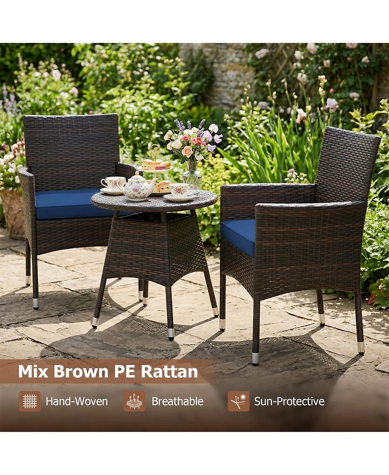 Gymax Set of 3 Patio Furniture Hand-Woven Pe Wicker Conversation w/Armchairs