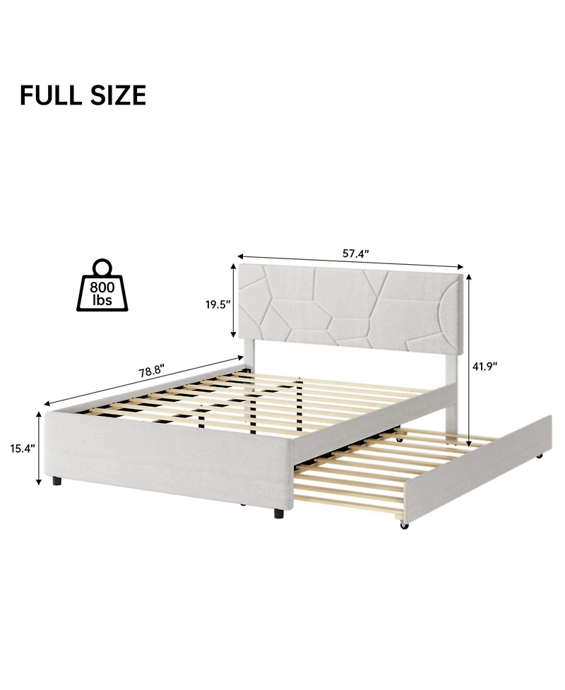 homfan Bed Frame with Trundle, Upholstered Platform Bed Frame, Pull Out Bed with Headboard, Wood Slat Support, for Bedroom