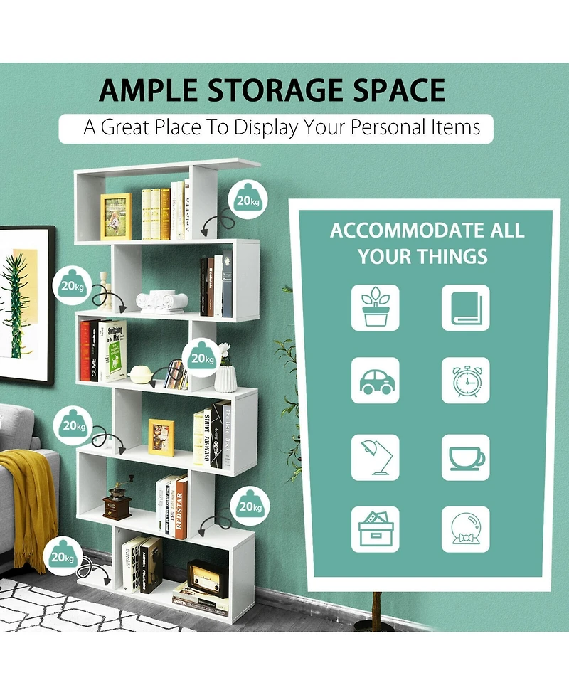 Gymax 6 Tier S-Shaped Bookshelf Storage Display Bookcase Decor Z-Shelf Coffee