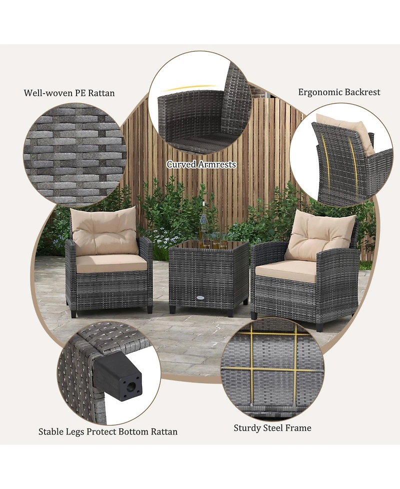 Gymax 3 Pcs Patio Furniture Set Outdoor Pe Rattan Chair and Table Set w/ Tempered Glass