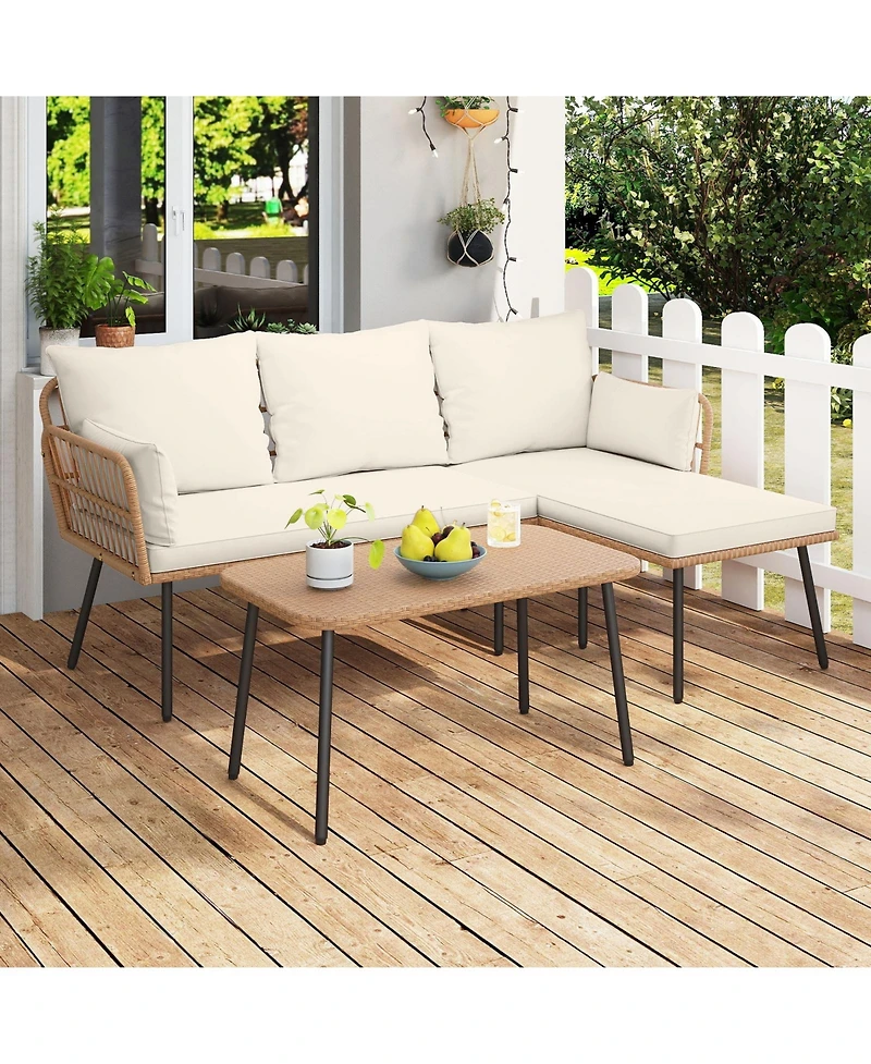 Gymax 3 Pieces L-Shaped Patio Furniture Set with Coffee Table Removable Cushions