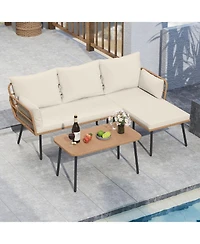 Gymax 3 Pieces L-Shaped Patio Furniture Set with Coffee Table Removable Cushions