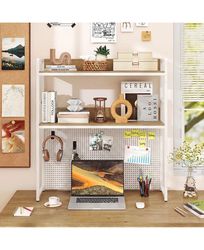 Gymax 2-Tier Countertop Desktop Bookshelf with Metal Pegboard 2 Anti-tipping Devices