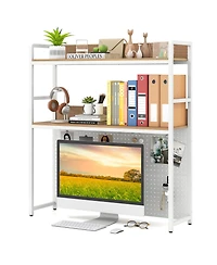 Gymax 2-Tier Countertop Desktop Bookshelf with Metal Pegboard 2 Anti-tipping Devices