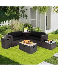 Gymax 6PCS Outdoor Wicker Furniture Set w/32'' Propane Fire Pit Table and Tank Holder