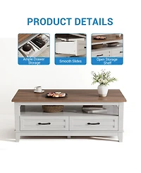 homfan Farmhouse Coffee Table With Drawers, 47.2" Center Table Rustic Coffee Tables Living Room Table, With Open Shelf and 6 Support Legs