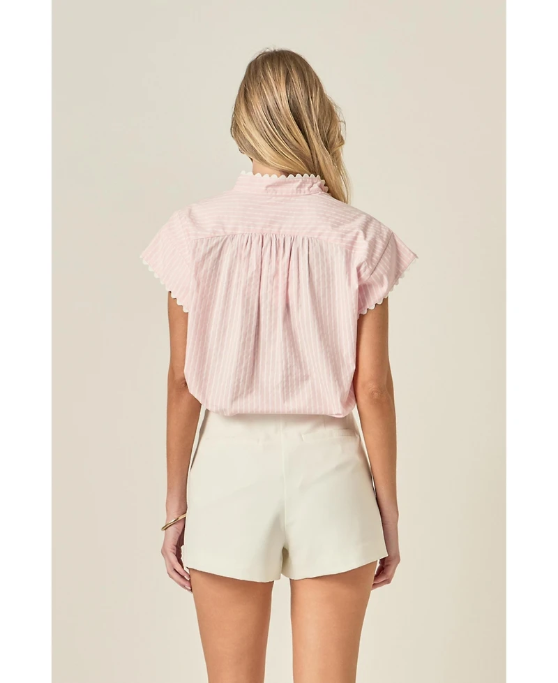English Factory Women's Striped Ric Rac Detailed Short Sleeve Shirt