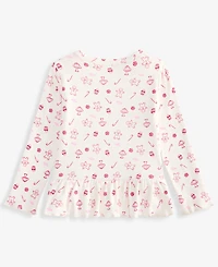 First Impressions Baby Girls' 3M-24M Mix & Match Long-Sleeve Little-Treats-Print Peplum Ribbed Top, Macy's Exclusive
