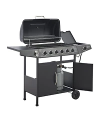 Asagikoiai Outdoor 6 Burner Stainless Steel Barbecue Grill with Warming Rack, Side Burner and Wheels