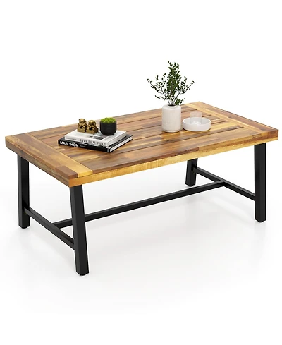 Gymax Acacia Wood Coffee Table Indoor Outdoor Rectangle Center Table with Thickened Top