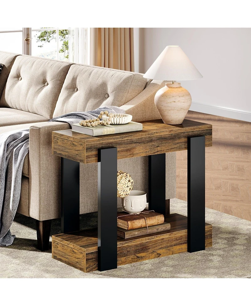 Slickblue Farmhouse Side Table with Open Storage Shelf and Rustic Design