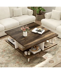 Gymax 2-Tier Square Coffee Table with Storage Farmhouse Modern Accent Table Center Table