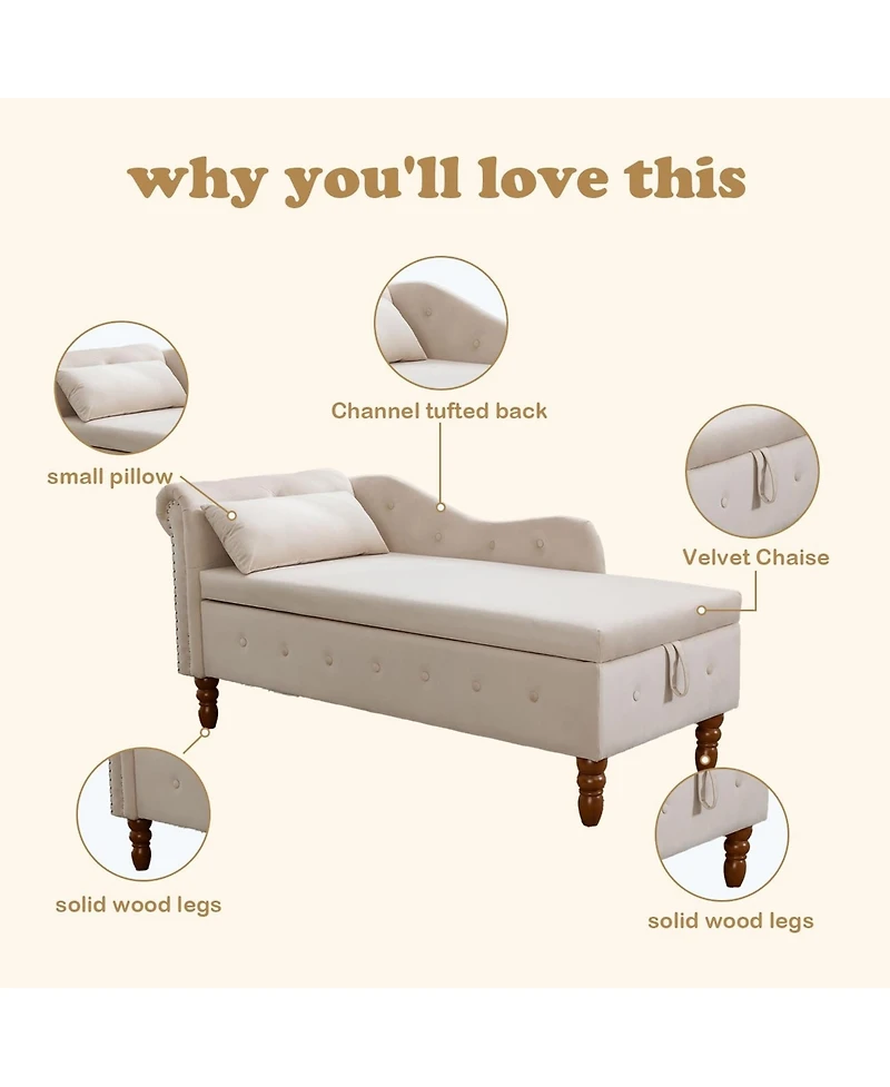 Rainsken Velvet Upholstered Lounge Chair, Modern Rolled Armrest Chase Lounge with Storage, Nailhead Trim and Pillow for Living Room, Office