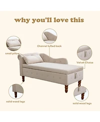 Rainsken Velvet Upholstered Lounge Chair, Modern Rolled Armrest Chase Lounge with Storage, Nailhead Trim and Pillow for Living Room, Office