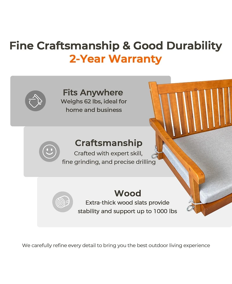 Innovaze 6 Feet Wooden Porch Swing Bed with Thick Cushion – Outdoor Hanging Daybed for Patio or Porch, Solid Fir Wood Frame, Weather-Resistan