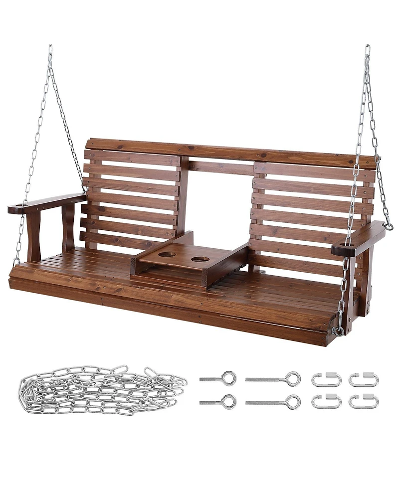 Cozito Wooden Porch Swing with Cup Holders, Steel Chains and Cedar Wood Seat