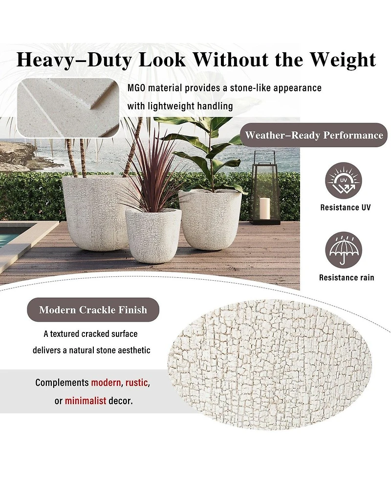 Asagikoiai3-Piece Mgo Outdoor Planter Set with Drainage, Crackle Stone Pots for Garden and Patio