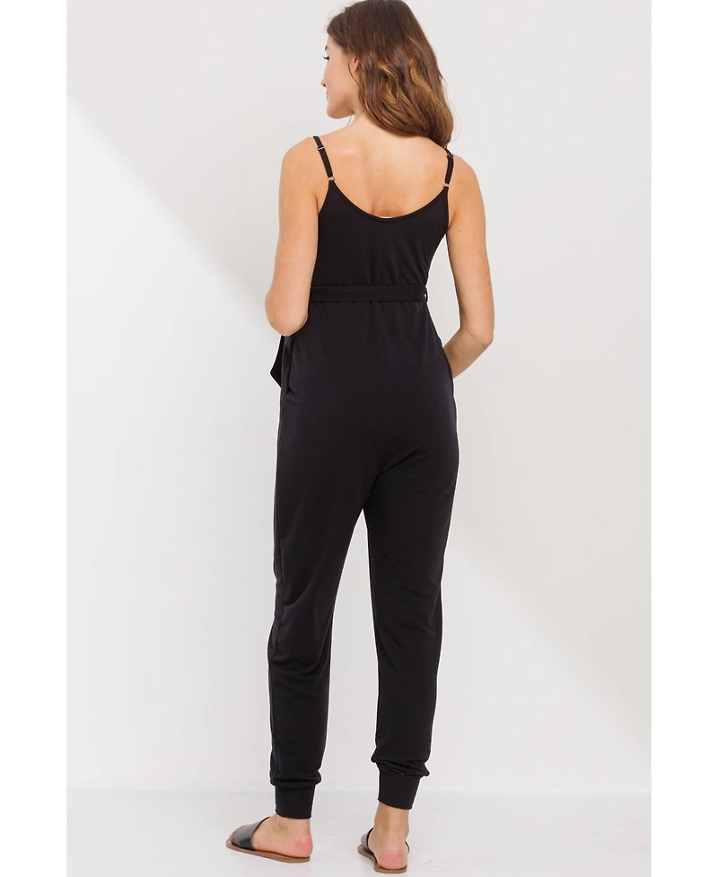 Hello Miz Maternity Sleeveless with Tie Waist and Adjustable Straps Jogger Jumpsuit