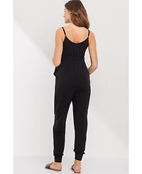Hello Miz Maternity Sleeveless with Tie Waist and Adjustable Straps Jogger Jumpsuit