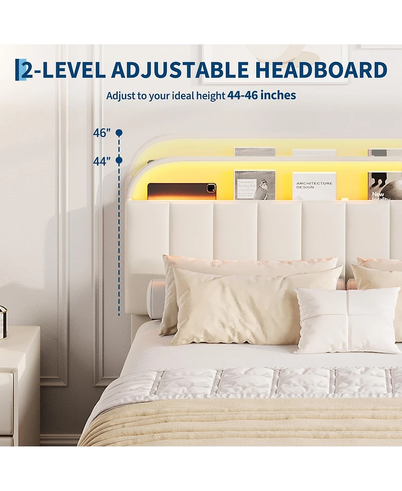 homfan Bed Frame with Storage Headboard and 2 Drawers, Velvet Upholstered Platform Lights, No Box Spring Needed, Easy Assembly
