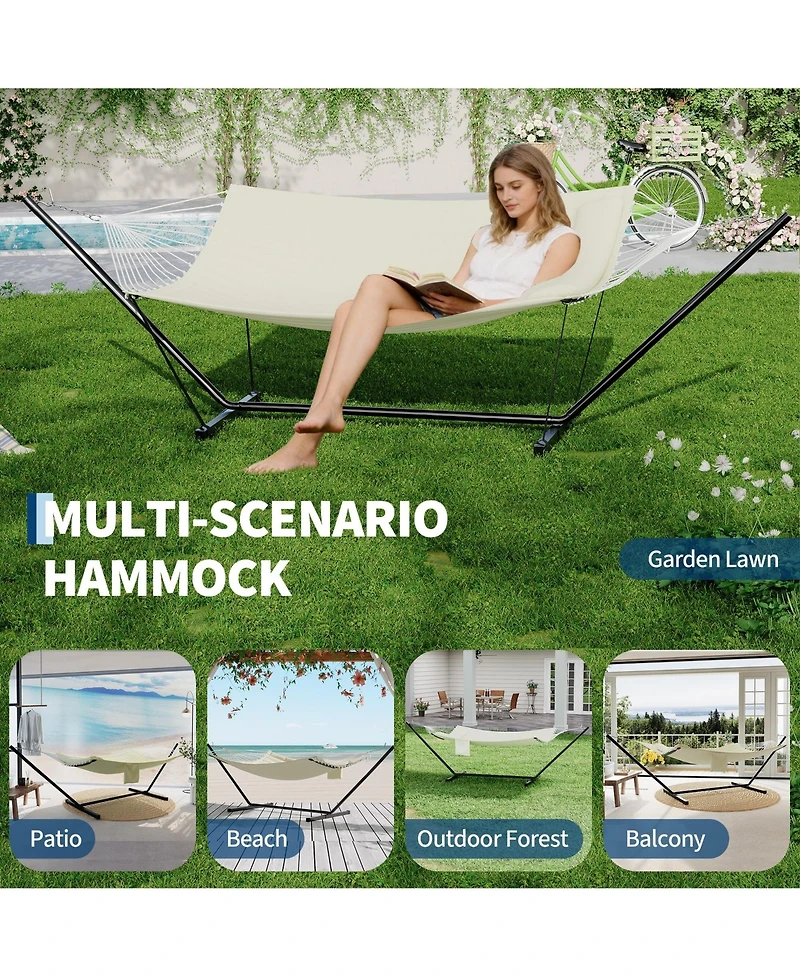GarveeLife 2-person hammock with stand, pillow, and balance rope, supporting up to 450 lbs-ideal for relaxing outdoor patios or backyards.