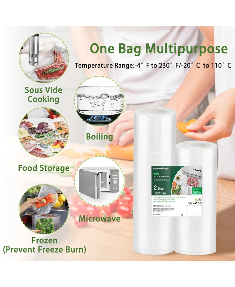 Bonsaii Bonsenkitchen Vacuum Sealer Rolls Bags, 8" x 50' & 11" x 50', Bpa-Free Commercial Food Vacuum Bags for Storage and Sous Vide Cooking