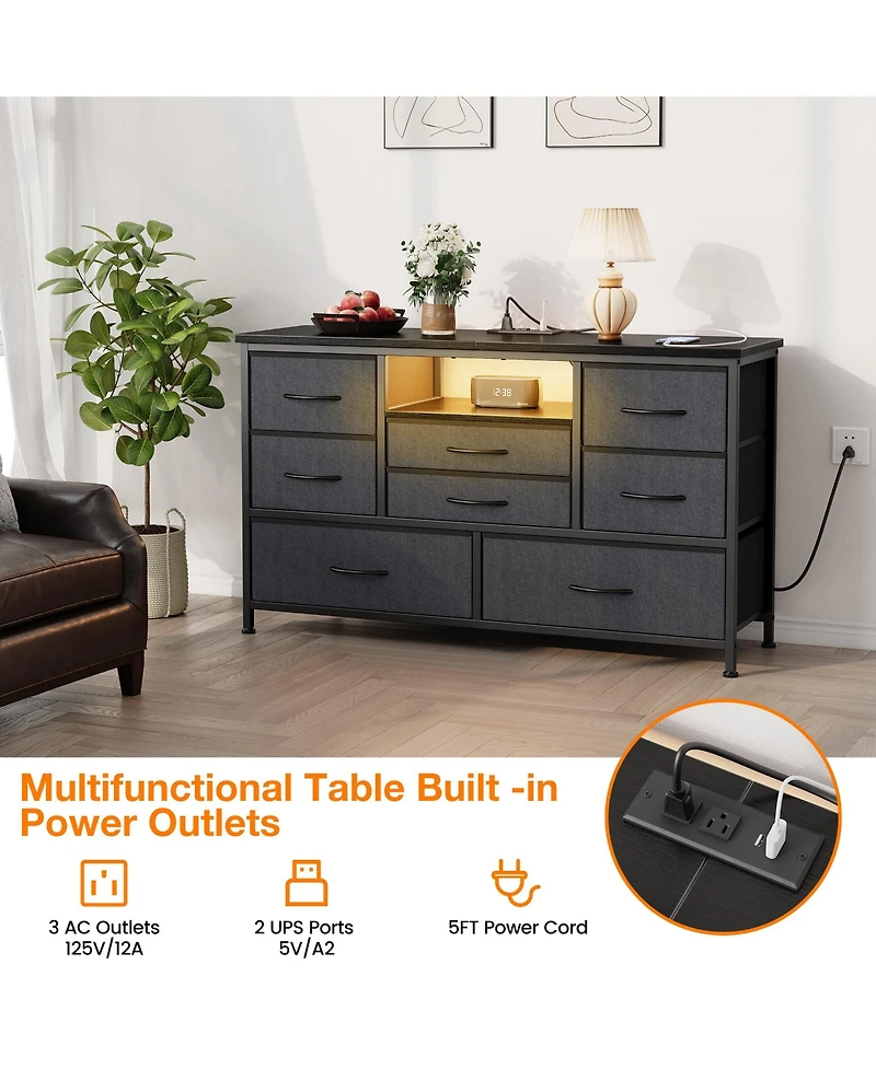 homfan Modern Tv Stand Dresser with Led Lighting and Built-in Charging Station - Durable Storage Chest Deep Drawers for Bedroom Living Room