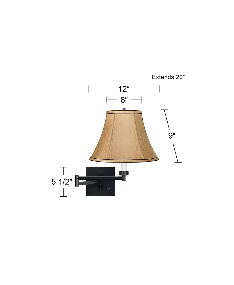 Franklin Iron Works Modern Swing Arm Wall Lamp Black Plug-In Light Fixture Tan Fabric Bell Shade for Bedroom Bedside Living Room