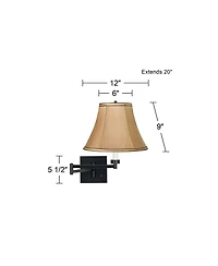 Franklin Iron Works Modern Swing Arm Wall Lamp Black Plug-In Light Fixture Tan Fabric Bell Shade for Bedroom Bedside Living Room