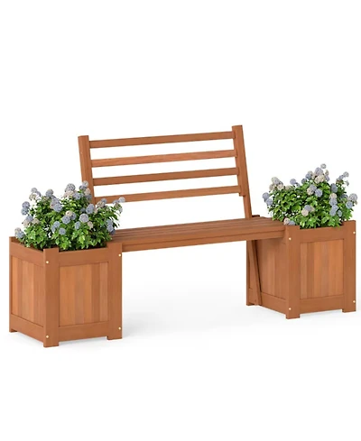 Yiortwo Outdoor Wooden Planter Bench with 2 Planter Boxes and Slatted Backrest