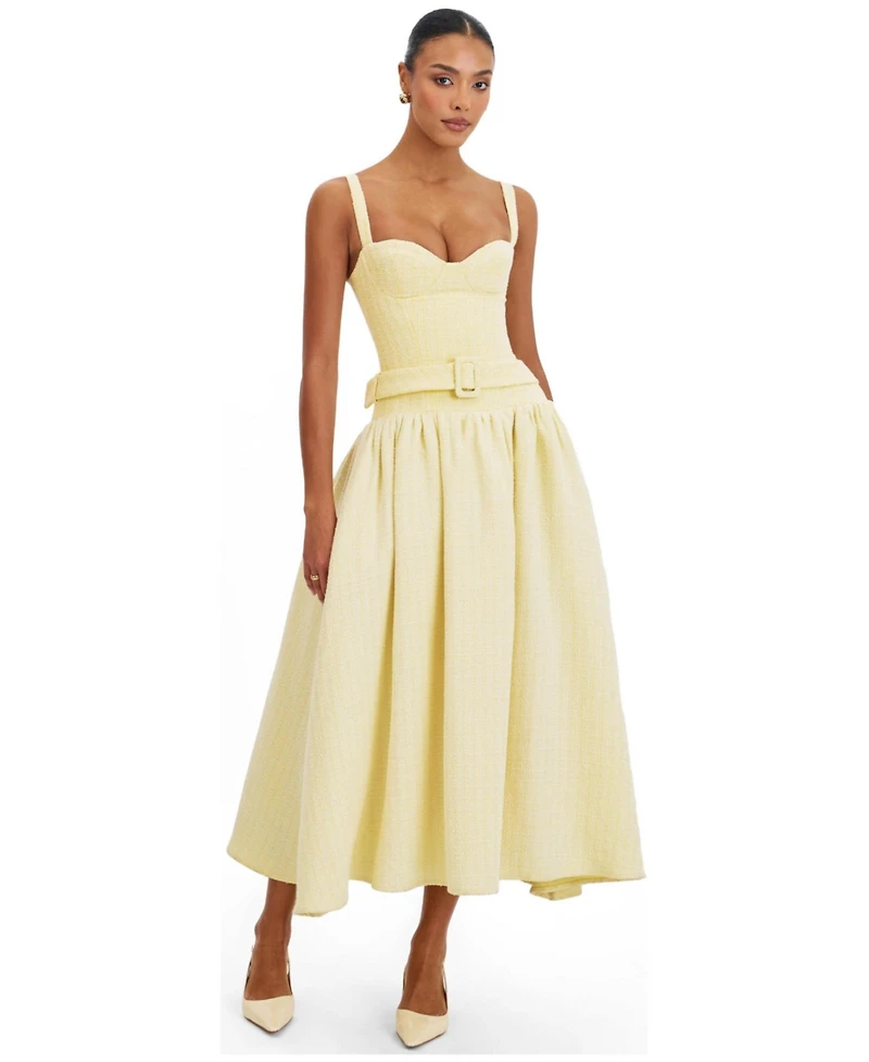 Miss Circle Women's Tiana Butter Yellow Sweetheart Belted Midi Dress