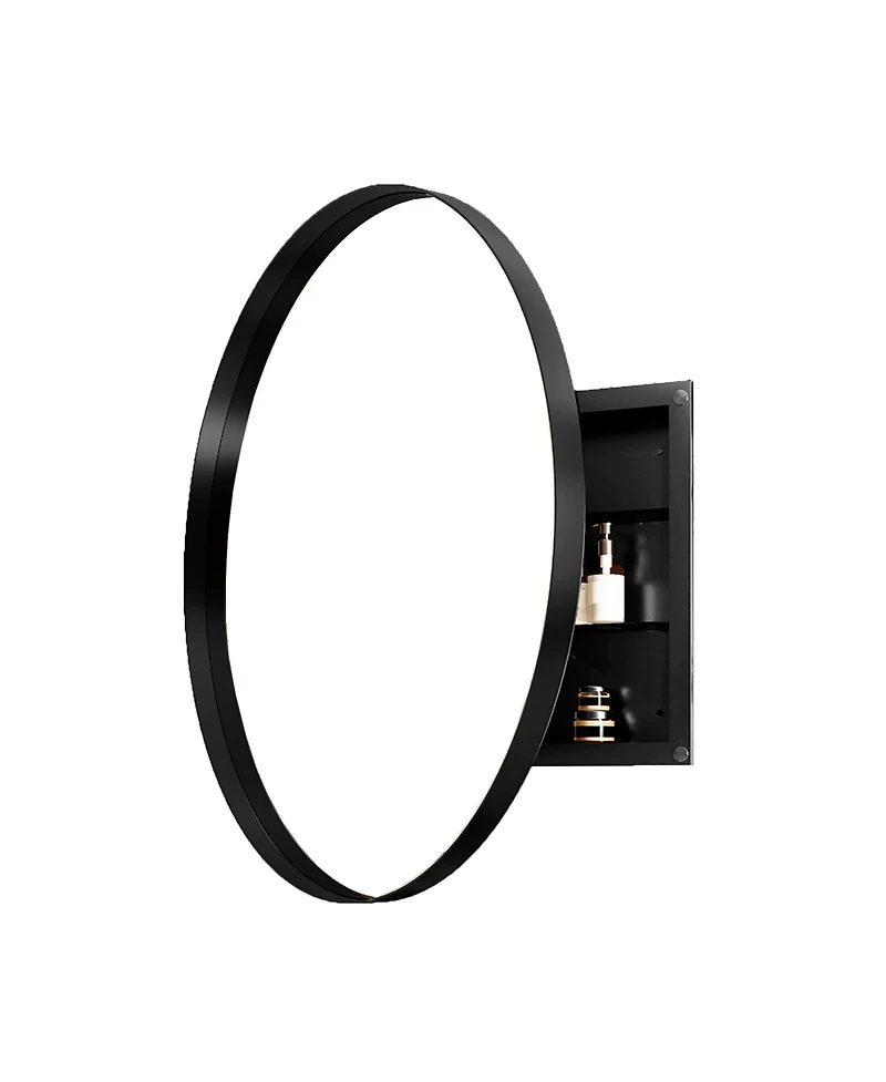 Phying 31.5 Inch Round Medicine Cabinet Surface Mount Metal Framed Wall Mirror with Adjustable Shelves Bathroom Storage Mirror Cabinet