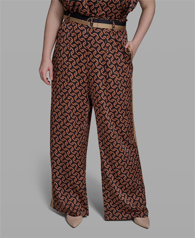 Karl Lagerfeld Paris Women's Mid-Rise Printed D-Ring Belted Wide-Leg Pant
