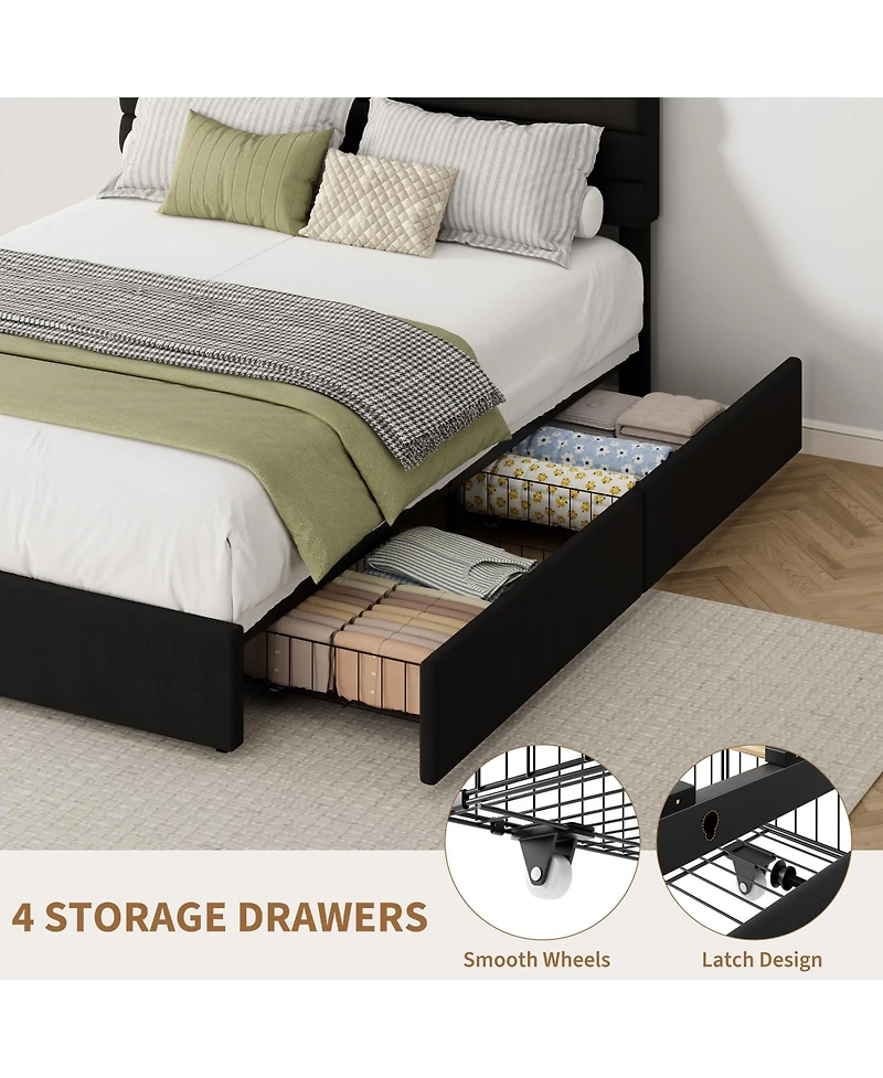 Velvet Bed Frame, Platform with 4 Drawers Tufted Headboard, Upholstered Bed