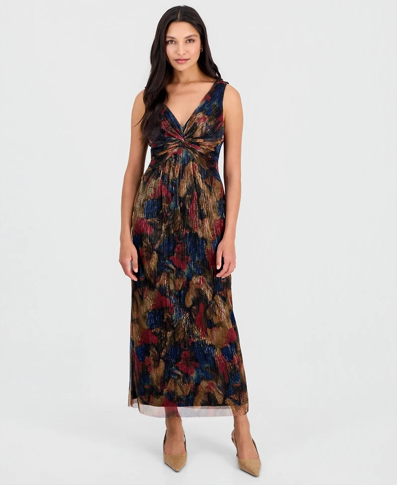 Connected Petite Metallic-Print Twist-Front Sleeveless Dress