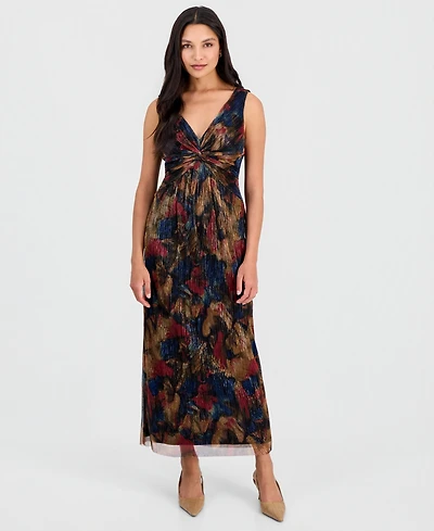 Connected Petite Metallic-Print Twist-Front Sleeveless Dress