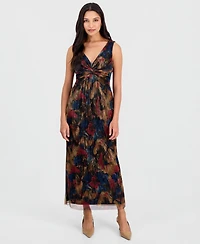 Connected Petite Metallic-Print Twist-Front Sleeveless Dress